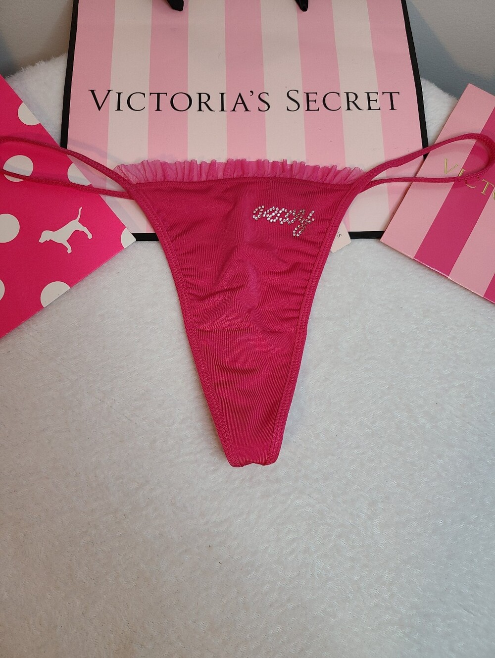 VTG VS Sexy Little Things Sexy Bling Satin Ruffle V-string Thong Panty M/L